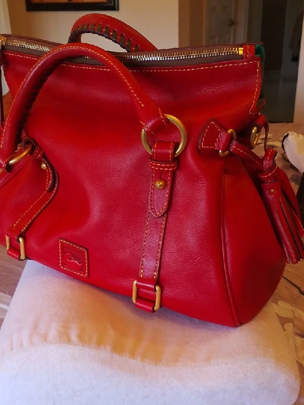 Dooney And Burke Red Leather Satchel Bag with Gold Hardware